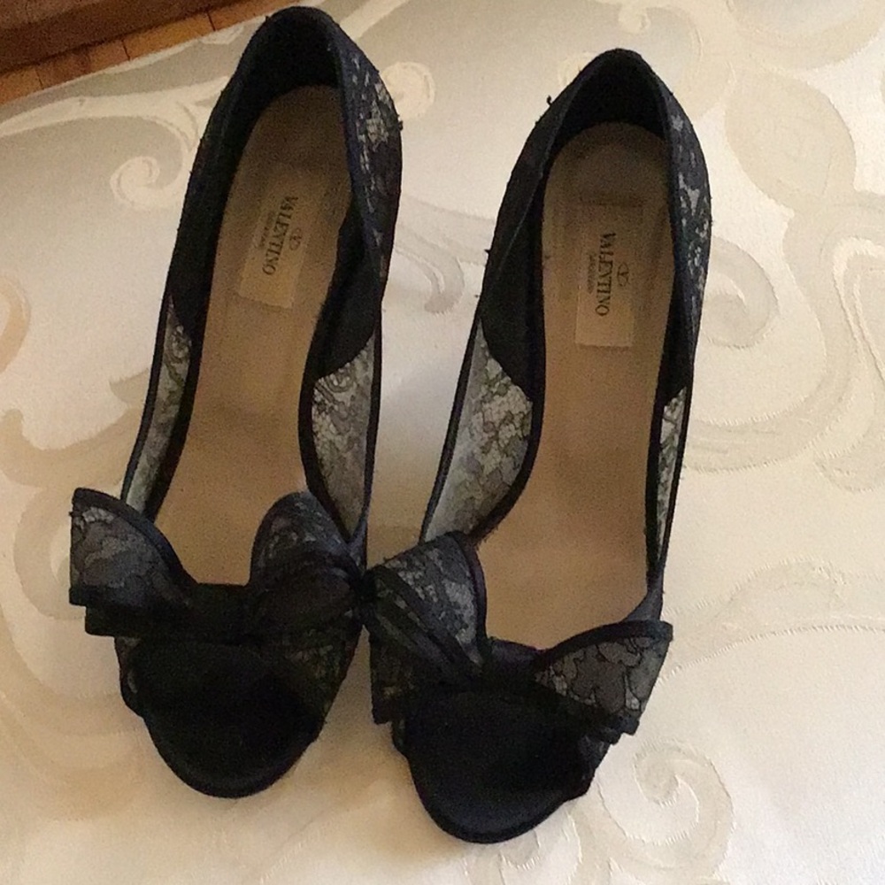 Valentino Black Lace Peep-Toe Heels